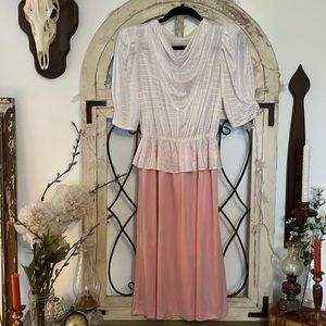Vintage Pink and White Peplum Dress With Cowl Neck